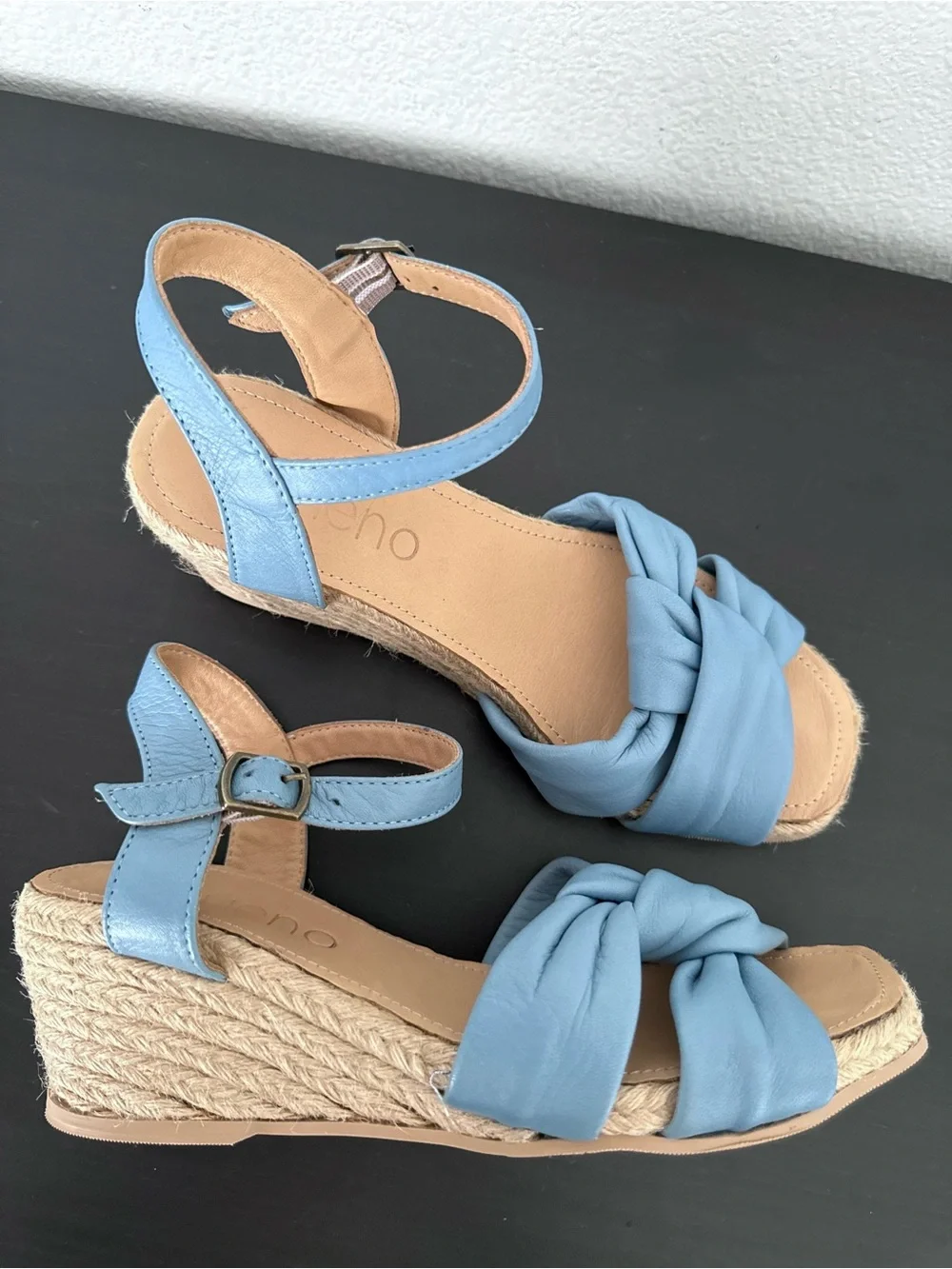 EUC Bueno Blue Leather Knot Espadrille Wedge Sandals